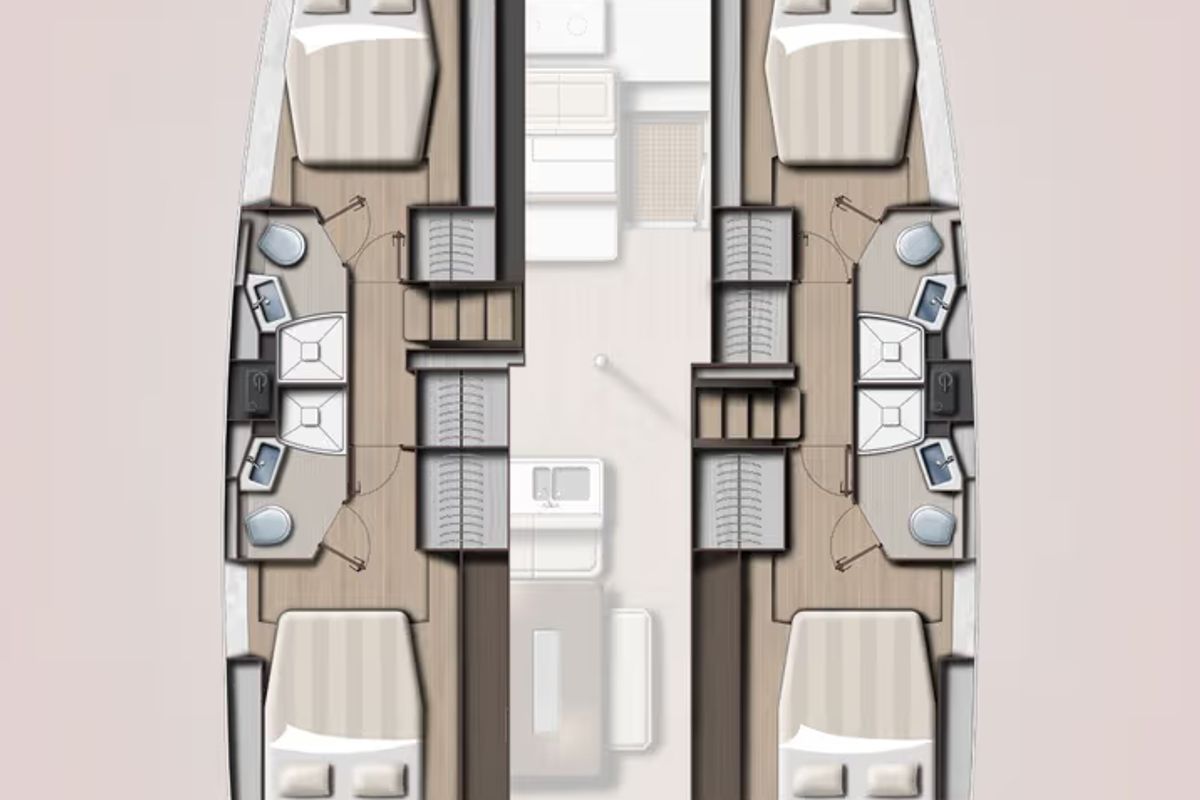 Floor plan of Panda, a Bali 4.6 catamaran at Olbia, Italy