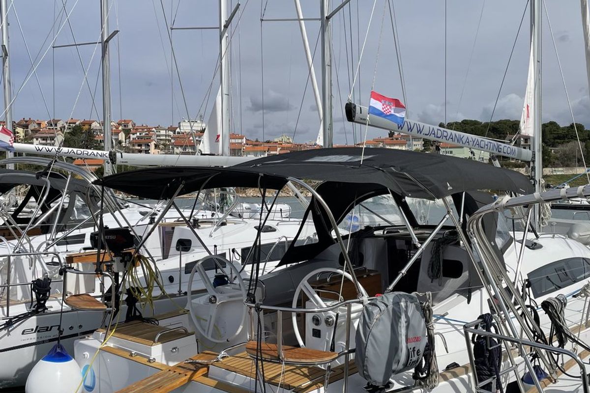 Exterior view of Blu, a Elan Impression 40.1 sailboat at Grad Pula, Croatia