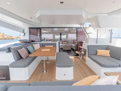 Deck of Olympia Athena - Skippered, a Fountaine Pajot Elba 45 catamaran at Tourlos, Greece