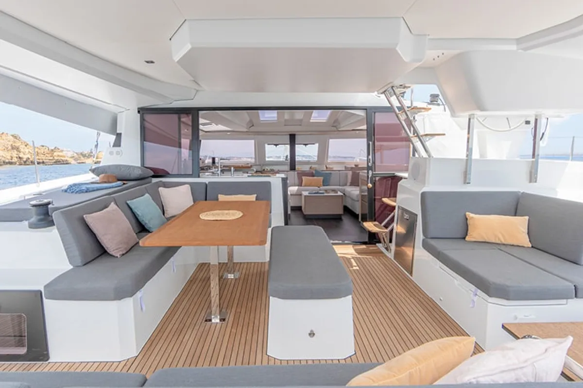 Deck of Olympia Athena - Skippered, a Fountaine Pajot Elba 45 catamaran at Tourlos, Greece