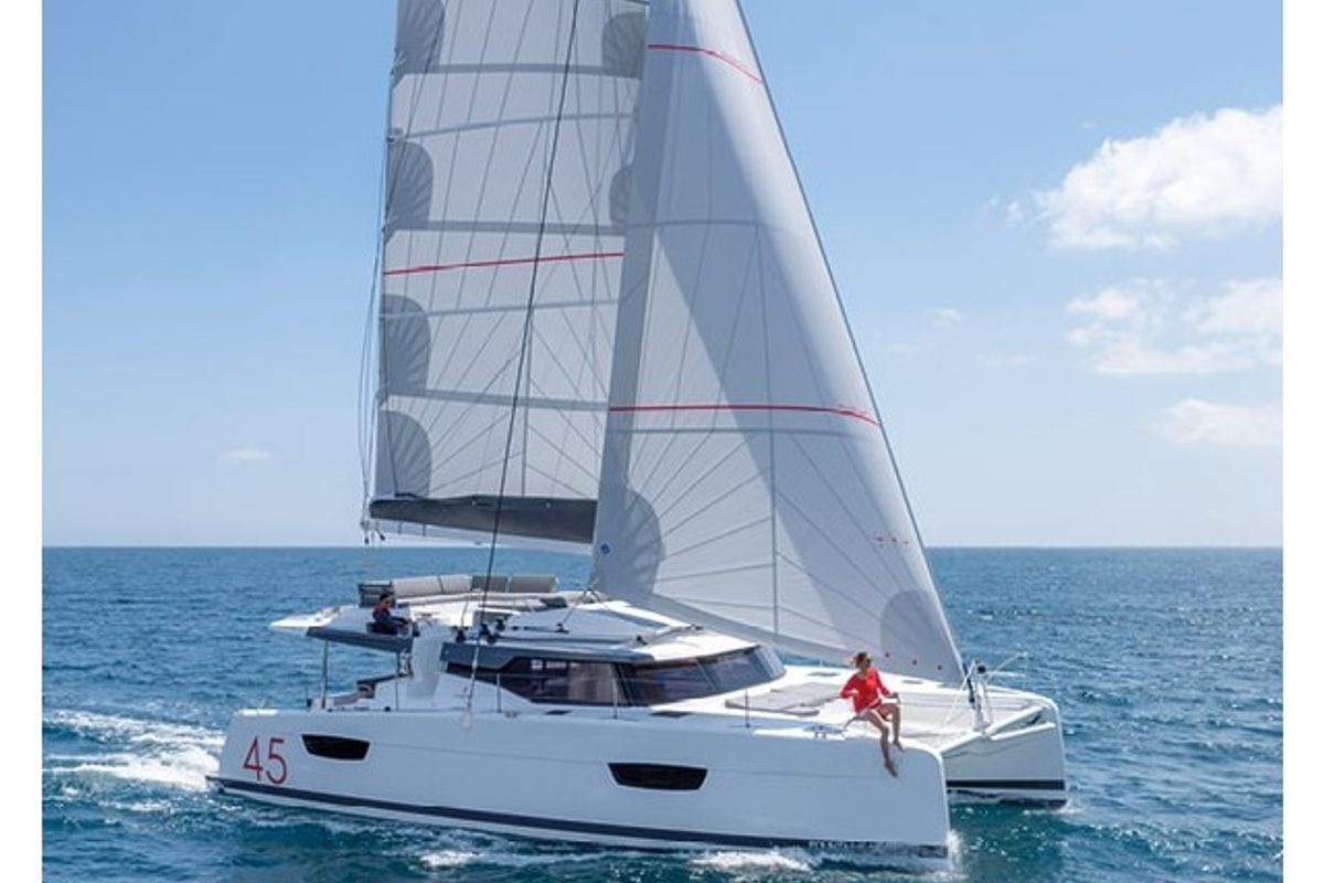 Exterior view of Olympia Athena - Skippered, a Fountaine Pajot Elba 45 catamaran at Tourlos, Greece