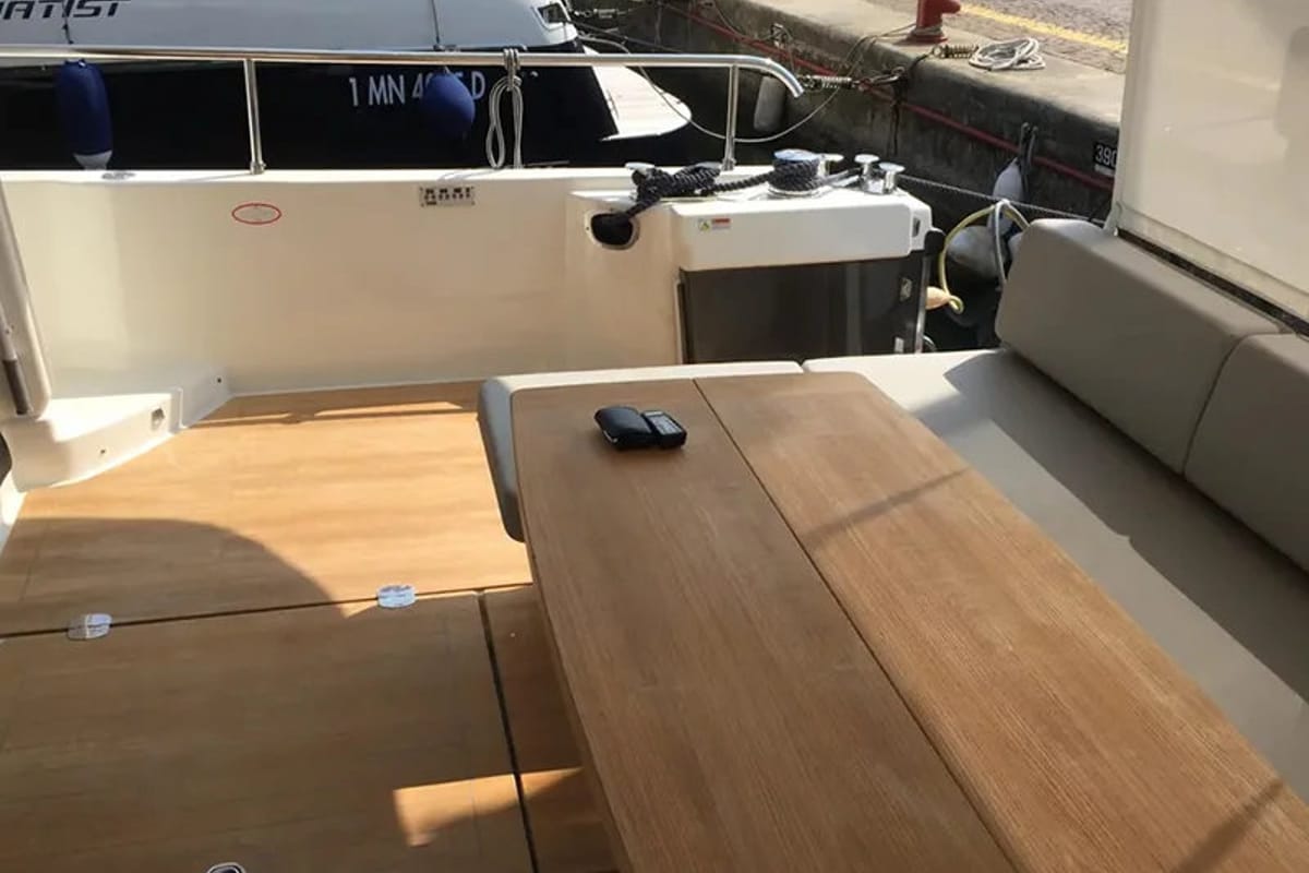 Deck of Sea Star V, a Cranchi Eco Trawler 53 LD motorboat at Cannigione, Italy