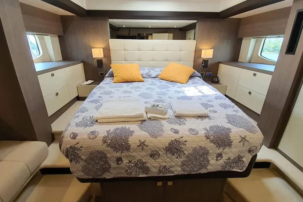 Cabin on Sea Star V, a Cranchi Eco Trawler 53 LD motorboat at Cannigione, Italy