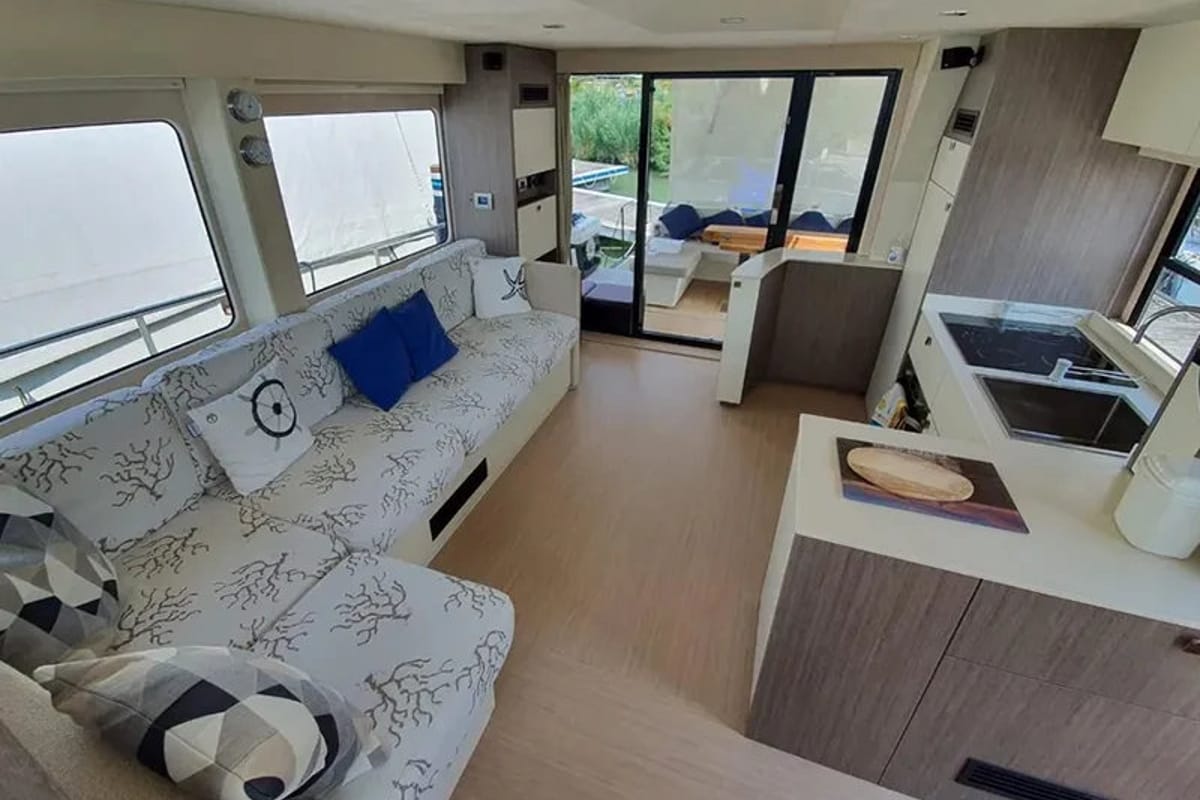 Salon of Sea Star V, a Cranchi Eco Trawler 53 LD motorboat at Cannigione, Italy