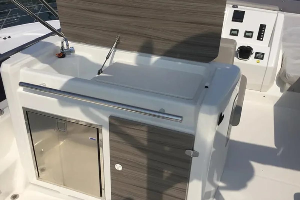 Deck of Sea Star V, a Cranchi Eco Trawler 53 LD motorboat at Cannigione, Italy