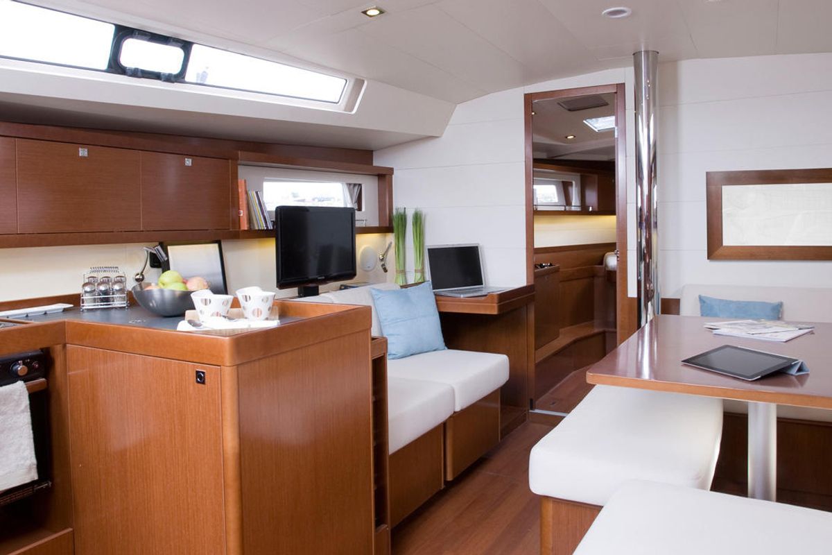 Salon of Stella, a Beneteau Oceanis 45 sailboat at Kos, Greece