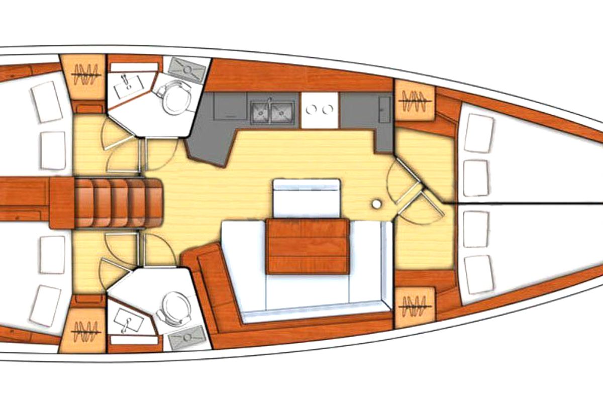 Floor plan of Stella, a Beneteau Oceanis 45 sailboat at Kos, Greece