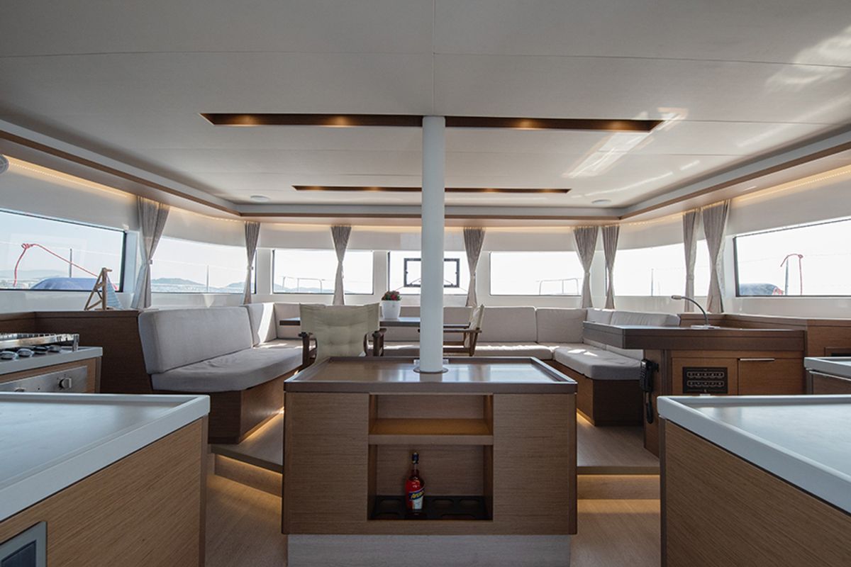 Salon of For Sail Again, a Lagoon 50 catamaran at Athens, Greece