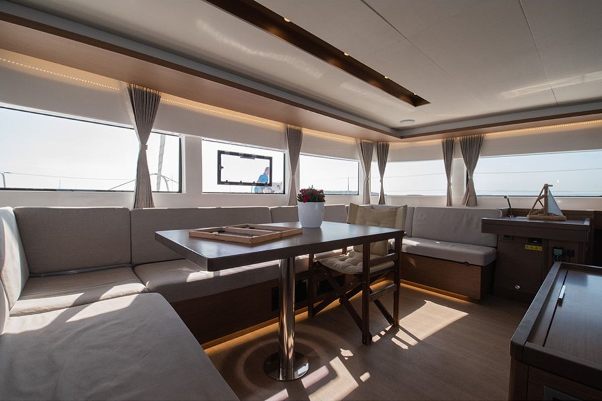 Salon of For Sail Again, a Lagoon 50 catamaran at Athens, Greece