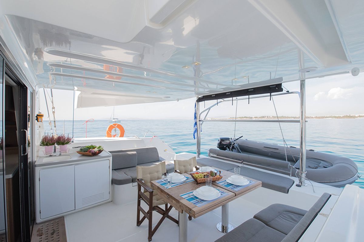 Deck of For Sail Again, a Lagoon 50 catamaran at Athens, Greece