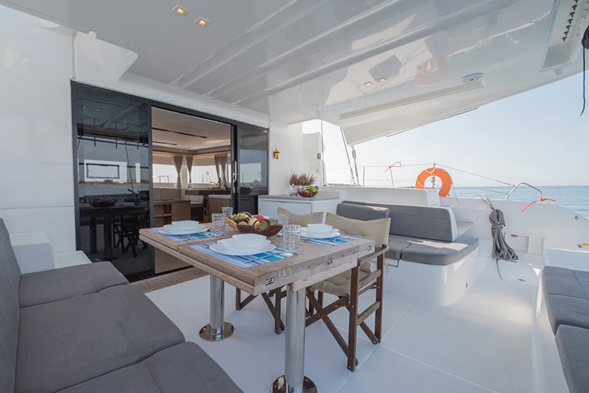 Deck of For Sail Again, a Lagoon 50 catamaran at Athens, Greece