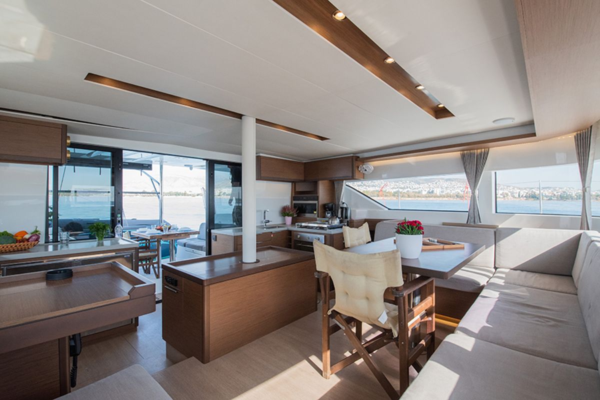 Galley of For Sail Again, a Lagoon 50 catamaran at Athens, Greece