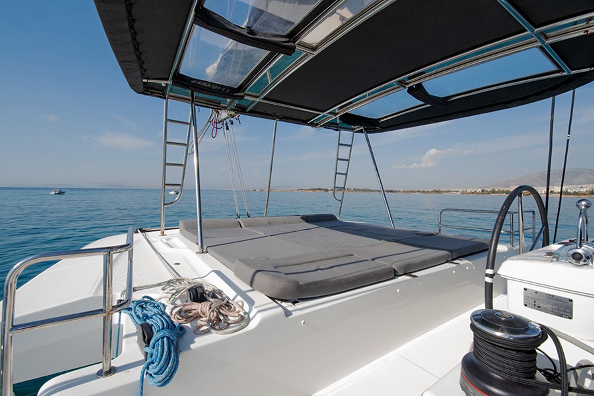 Deck of For Sail Again, a Lagoon 50 catamaran at Athens, Greece
