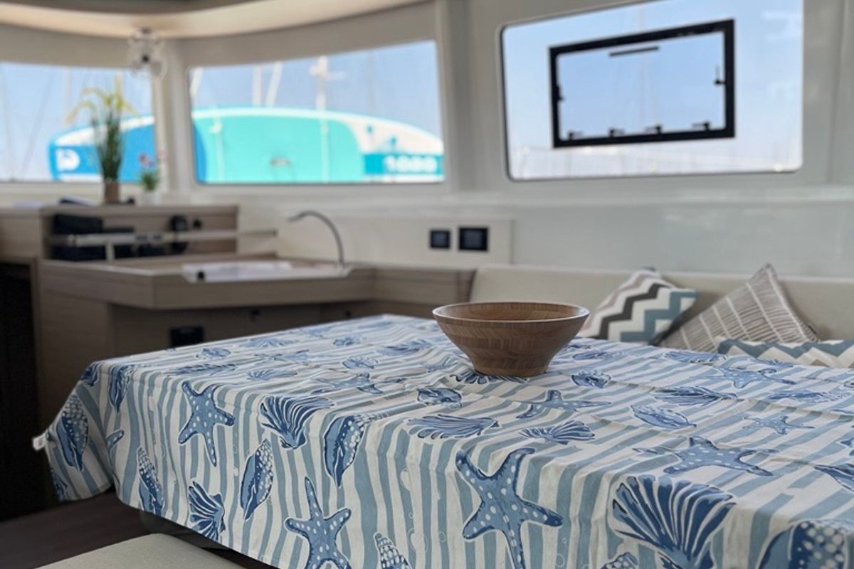 Salon of Aelia, a Lagoon 46 catamaran at Athens, Greece