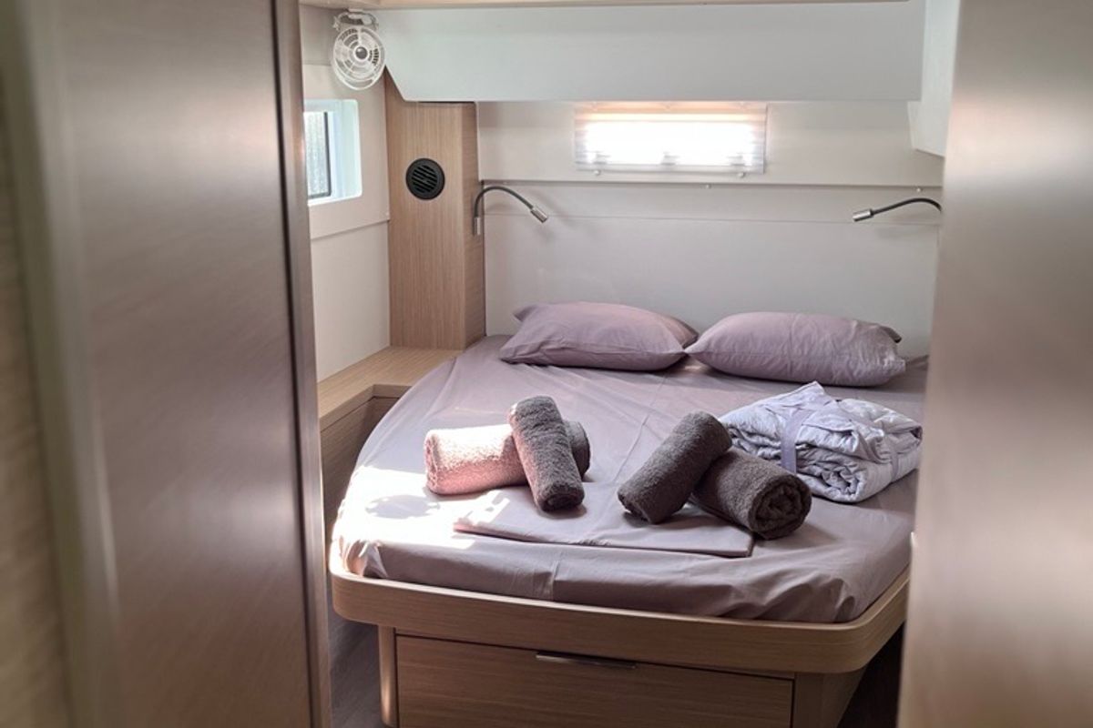 Cabin on Aelia, a Lagoon 46 catamaran at Athens, Greece