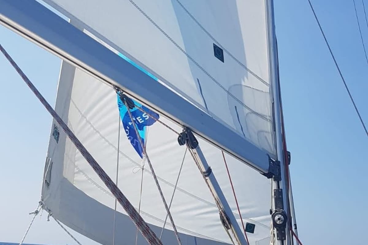 Deck of NAIADA , a Elan Impression 384 sailboat at Piraeus, Greece