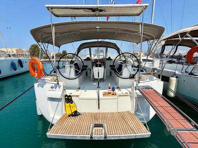 Cockpit of Kefi, a Jeanneau Sun Odyssey 469 sailboat at Preveza, Greece