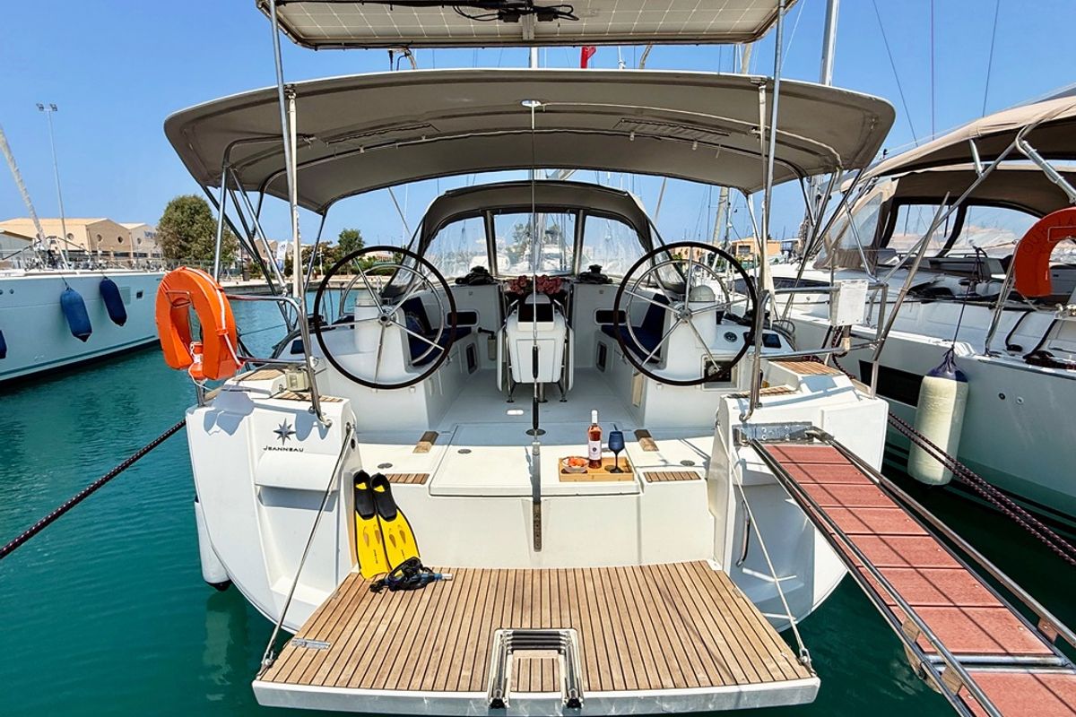 Cockpit of Kefi, a Jeanneau Sun Odyssey 469 sailboat at Preveza, Greece