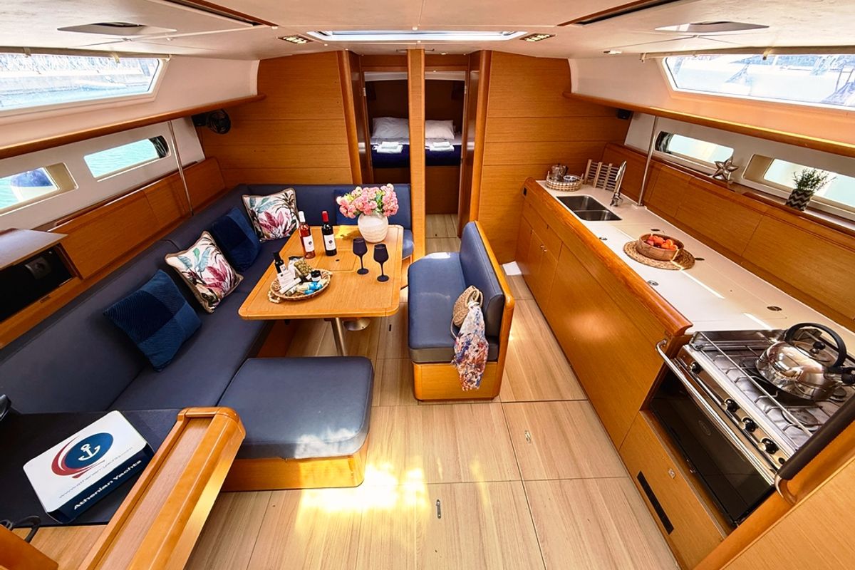 Salon of Kefi, a Jeanneau Sun Odyssey 469 sailboat at Preveza, Greece