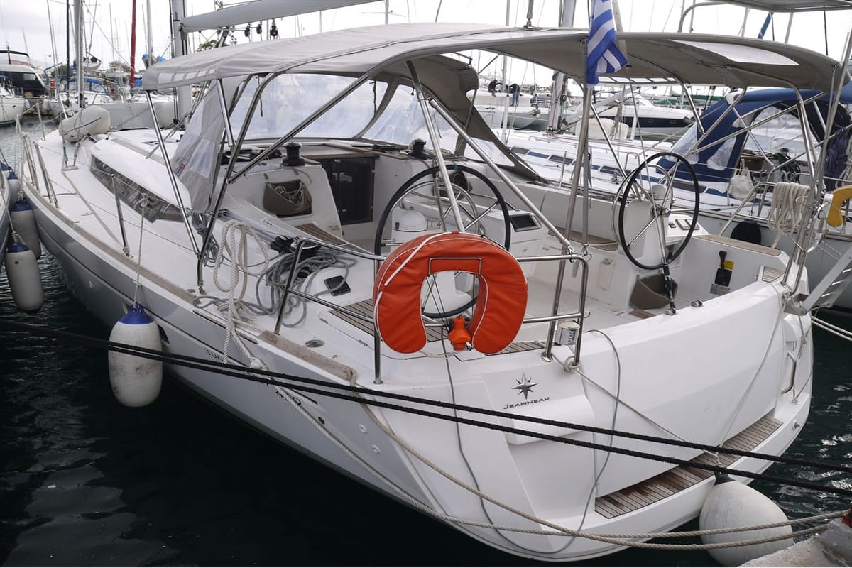 Exterior view of Kefi, a Jeanneau Sun Odyssey 469 sailboat at Preveza, Greece