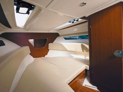 Cabin on Sati, a Jeanneau Cap Camarat 7.5 DC motorboat at Fethiye, Turkey