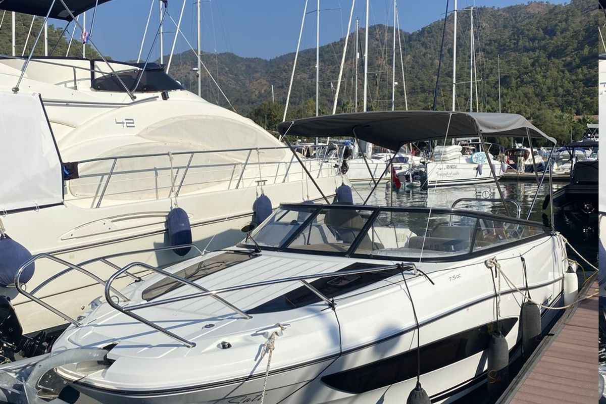 Exterior view of Sati, a Jeanneau Cap Camarat 7.5 DC motorboat at Fethiye, Turkey