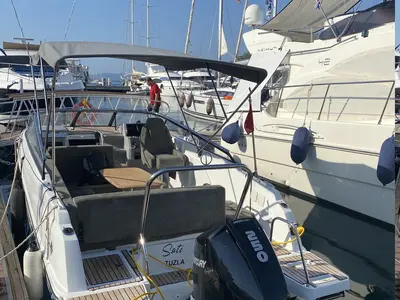 Deck of Sati, a Jeanneau Cap Camarat 7.5 DC motorboat at Fethiye, Turkey