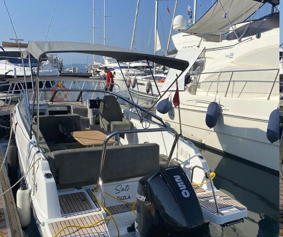 Deck of Sati, a Jeanneau Cap Camarat 7.5 DC motorboat at Fethiye, Turkey