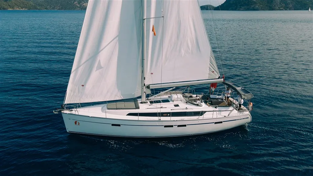 Exterior view of Istanbul, a Bavaria Cruiser 46 sailboat at Fethiye, Turkey