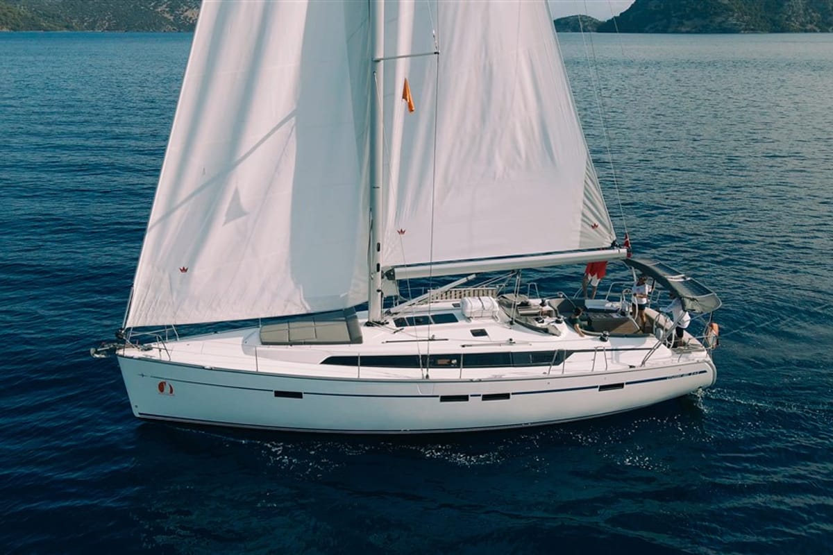 Exterior view of Istanbul, a Bavaria Cruiser 46 sailboat at Fethiye, Turkey