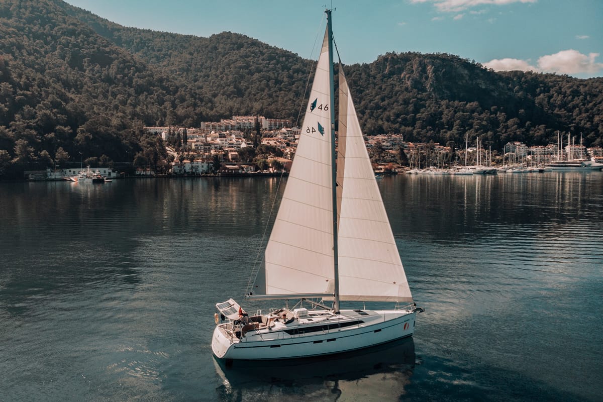 Exterior view of Istanbul, a Bavaria Cruiser 46 sailboat at Fethiye, Turkey