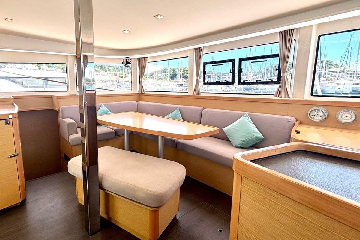 Salon of Tigra, a Lagoon 42 catamaran at Le Gosier, France