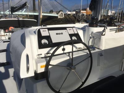 Cockpit of Tigra, a Lagoon 42 catamaran at Le Gosier, France