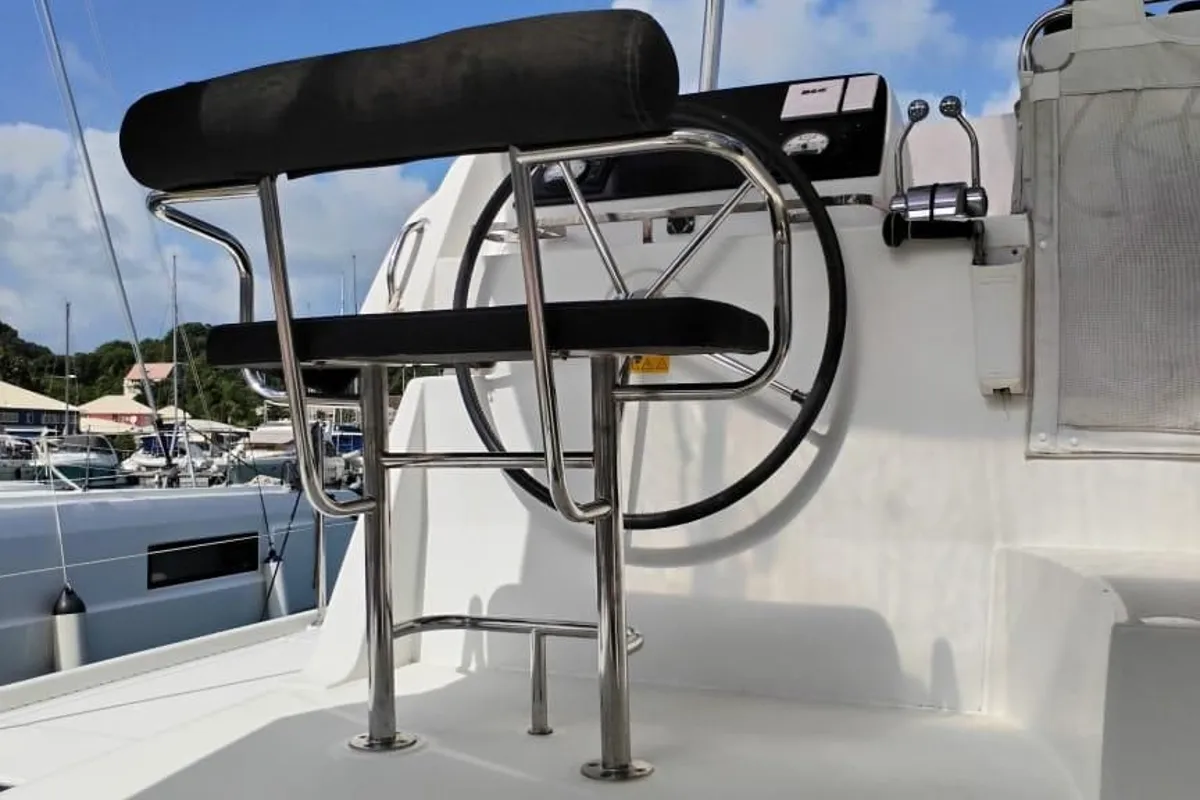 Cockpit of Tigra, a Lagoon 42 catamaran at Le Gosier, France