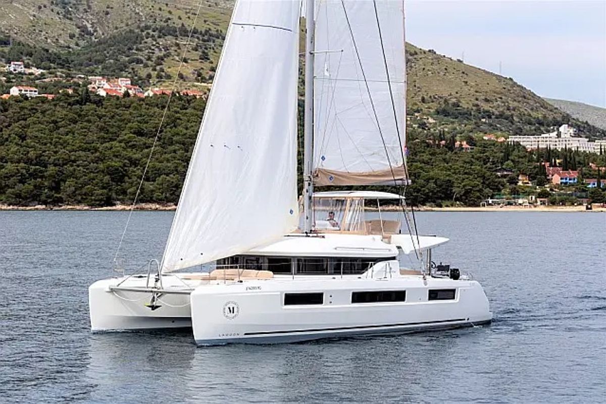Exterior view of Sunshine, a Lagoon 50 catamaran at Grad Trogir, Croatia