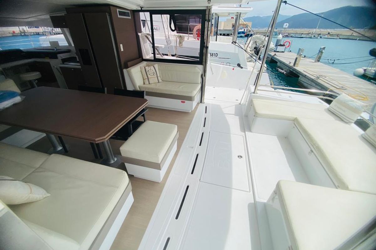 Deck of ANEMOS, a Bali 4.3 catamaran at Capo d'Orlando, Italy