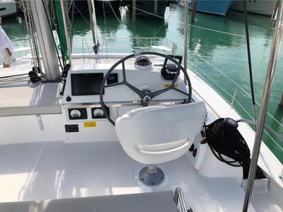 Cockpit of ANEMOS, a Bali 4.3 catamaran at Capo d'Orlando, Italy