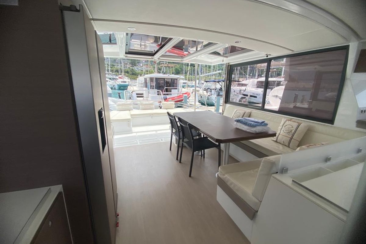 Salon of ANEMOS, a Bali 4.3 catamaran at Capo d'Orlando, Italy