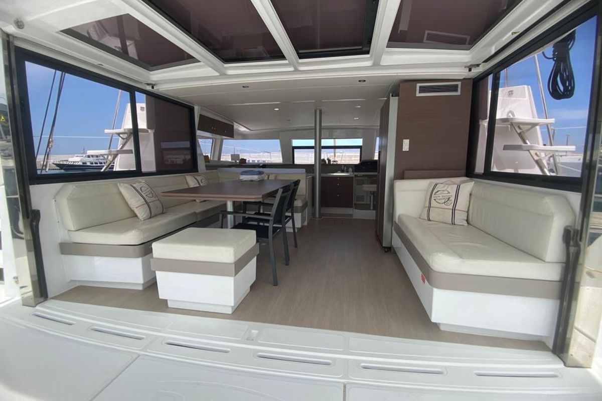 Salon of ANEMOS, a Bali 4.3 catamaran at Capo d'Orlando, Italy