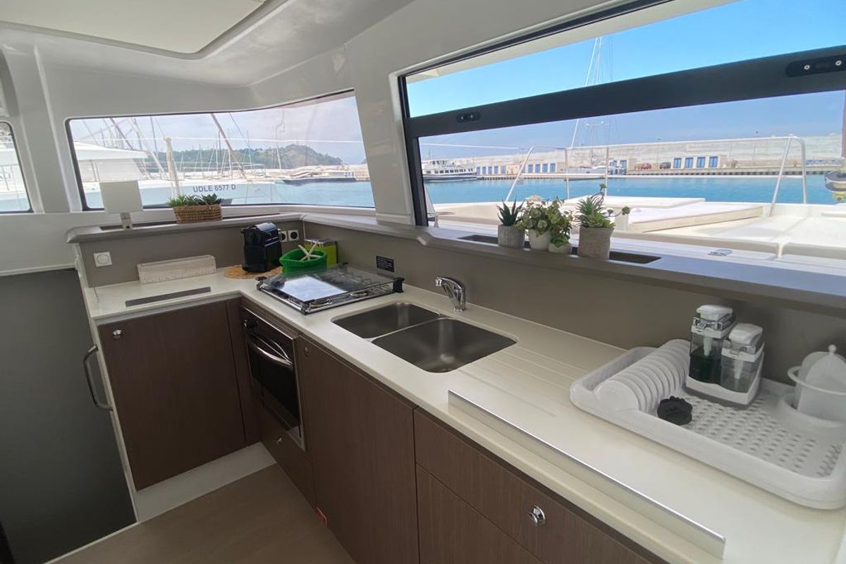 Galley of ANEMOS, a Bali 4.3 catamaran at Capo d'Orlando, Italy