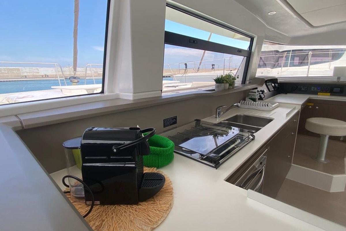 Galley of ANEMOS, a Bali 4.3 catamaran at Capo d'Orlando, Italy