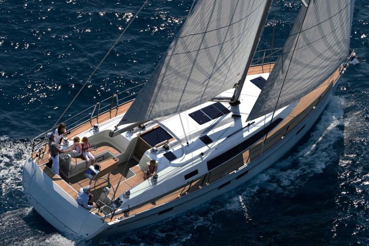 Exterior view of Sanguinho, a Bavaria Cruiser 46 sailboat at Ponta Delgada, Portugal
