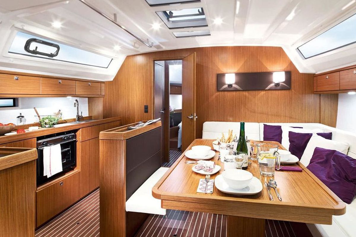 Salon of Sanguinho, a Bavaria Cruiser 46 sailboat at Ponta Delgada, Portugal