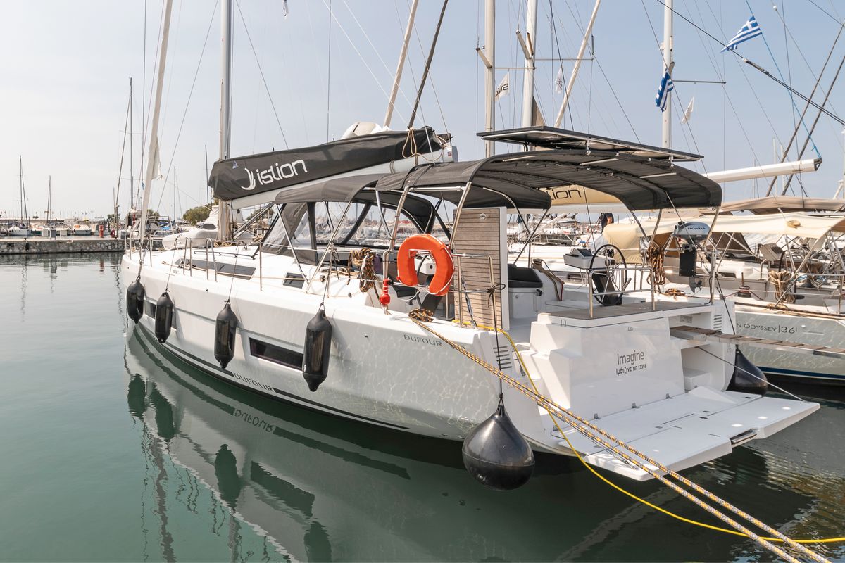 Exterior view of Imagine, a Dufour 470 sailboat at Kos, Greece