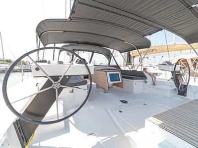 Cockpit of Imagine, a Dufour 470 sailboat at Kos, Greece