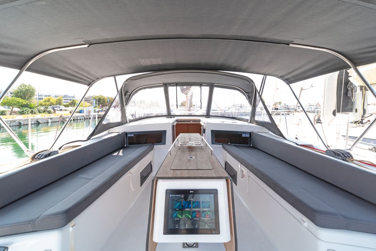 Cockpit of Imagine, a Dufour 470 sailboat at Kos, Greece