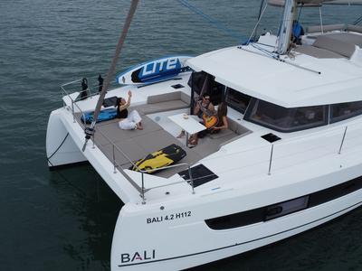 Deck of Joyous, a Bali 4.2 catamaran at Mai Khao, Thailand