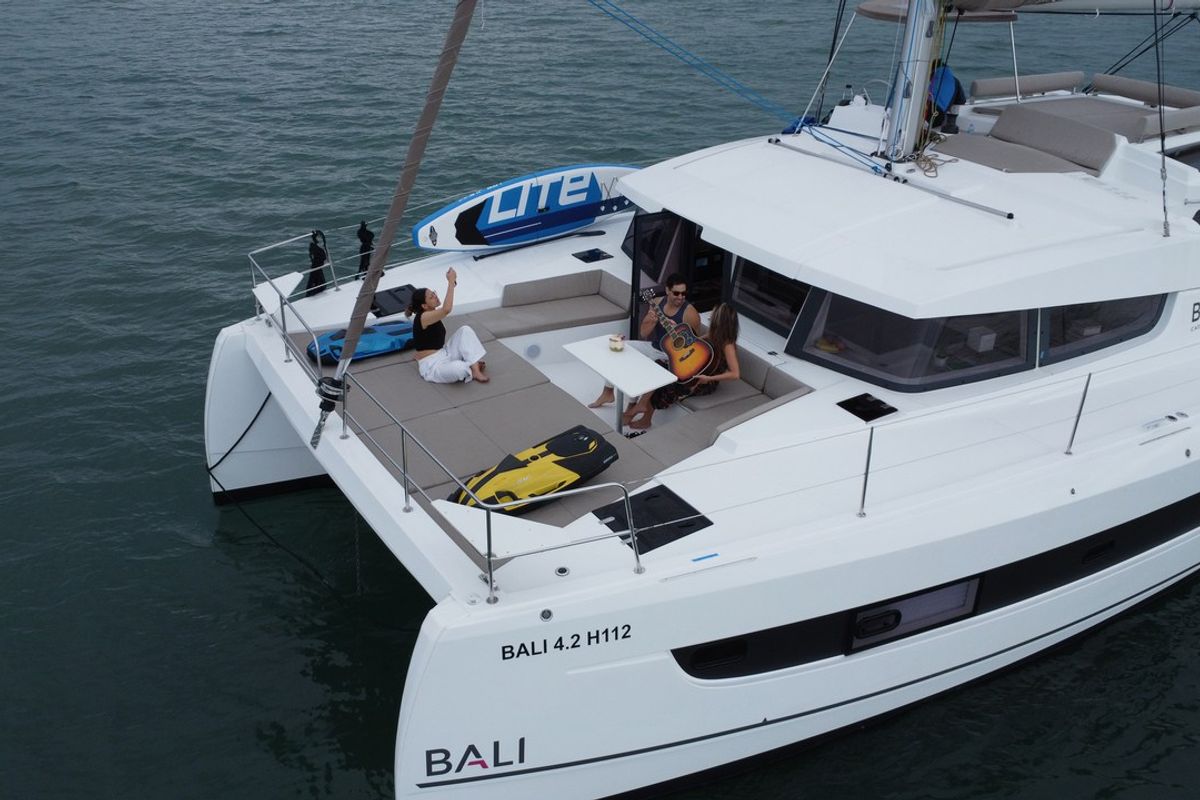 Deck of Joyous, a Bali 4.2 catamaran at Mai Khao, Thailand