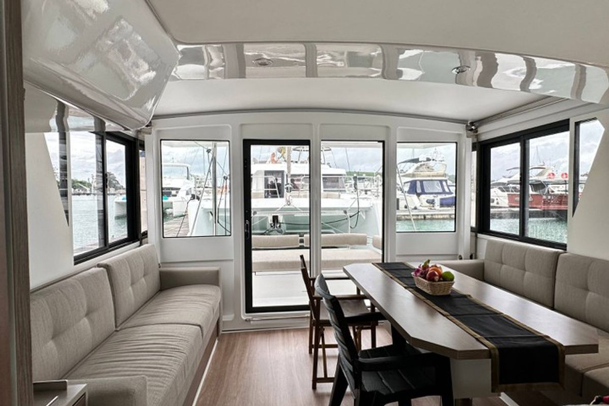 Salon of Joyous, a Bali 4.2 catamaran at Mai Khao, Thailand