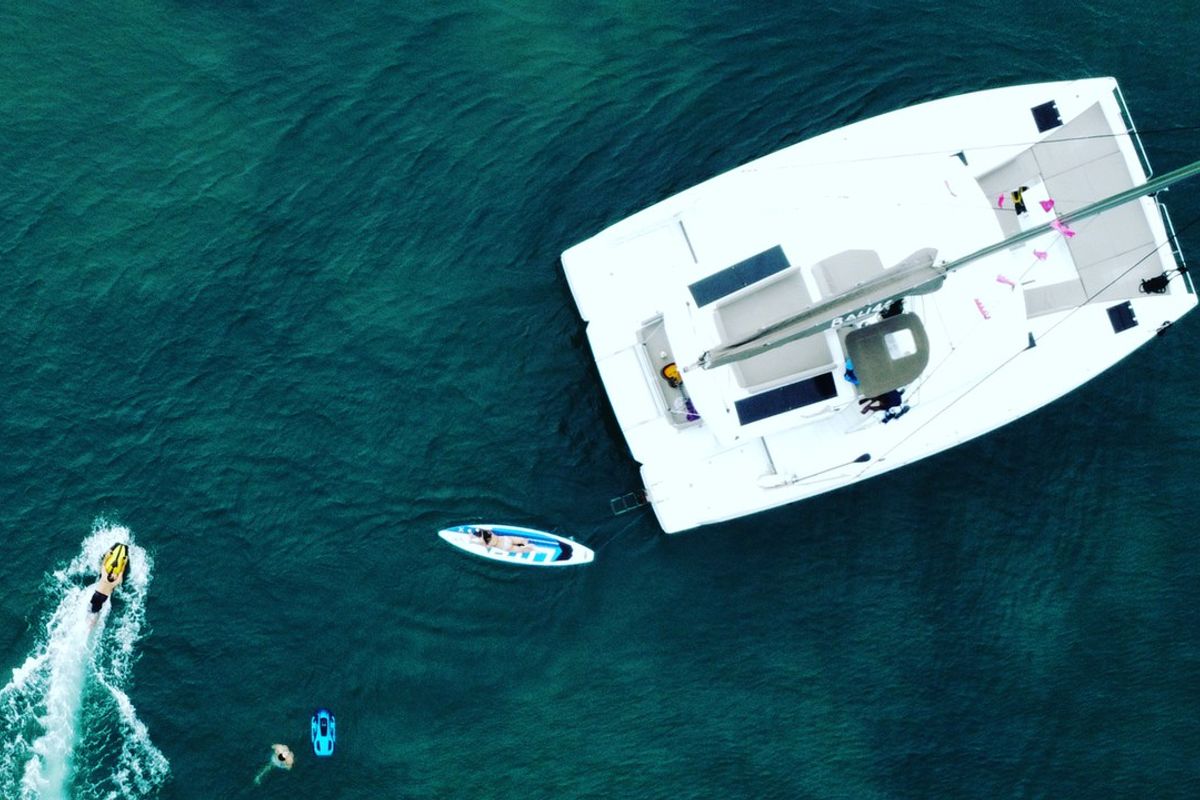 Exterior view of Joyous, a Bali 4.2 catamaran at Mai Khao, Thailand